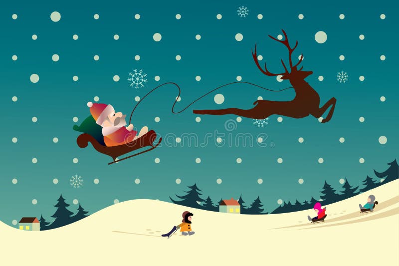 Winter Christmas Landscape with Santa end Children vector illustration Winter Christmas Landscape with Santa end Children vector illustration