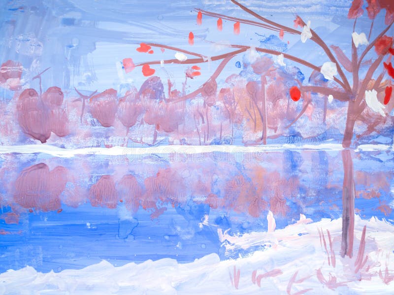 Winter forest flat background.reflection of the forest in the river. Children`s drawing. Simple and cute landscape for your desig stock illustration Winter forest flat background.reflection of the forest in the river. Children`s drawing. Simple and cute landscape for your desig stock illustration