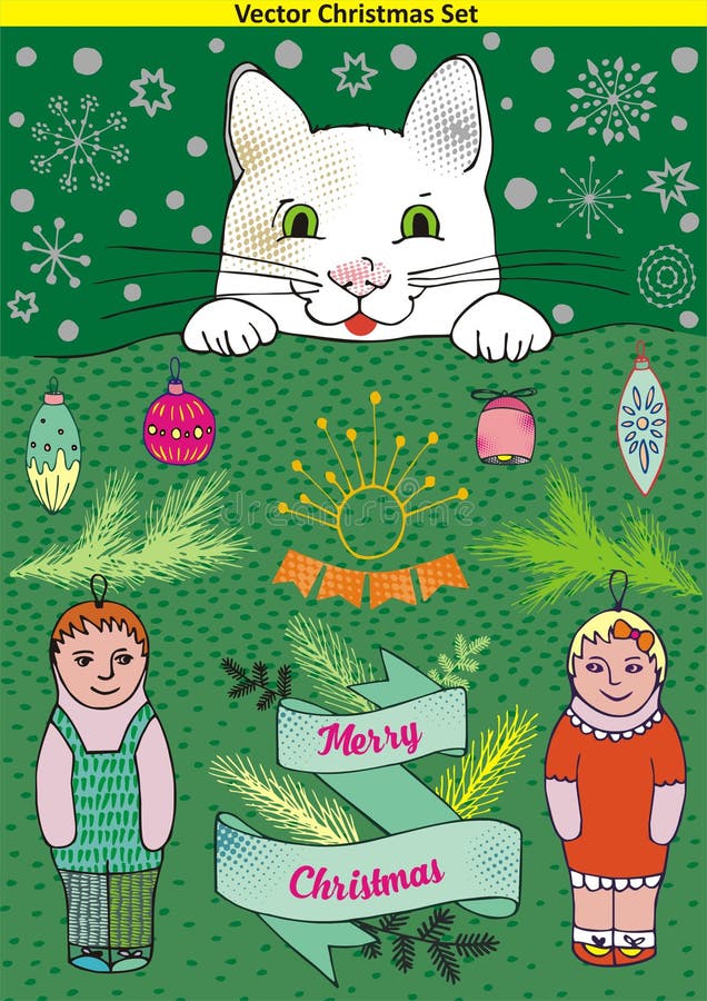 Winter landscape with cat and children and Christmas vector elements, snowflake and banner vector illustration Winter landscape with cat and children and Christmas vector elements, snowflake and banner vector illustration