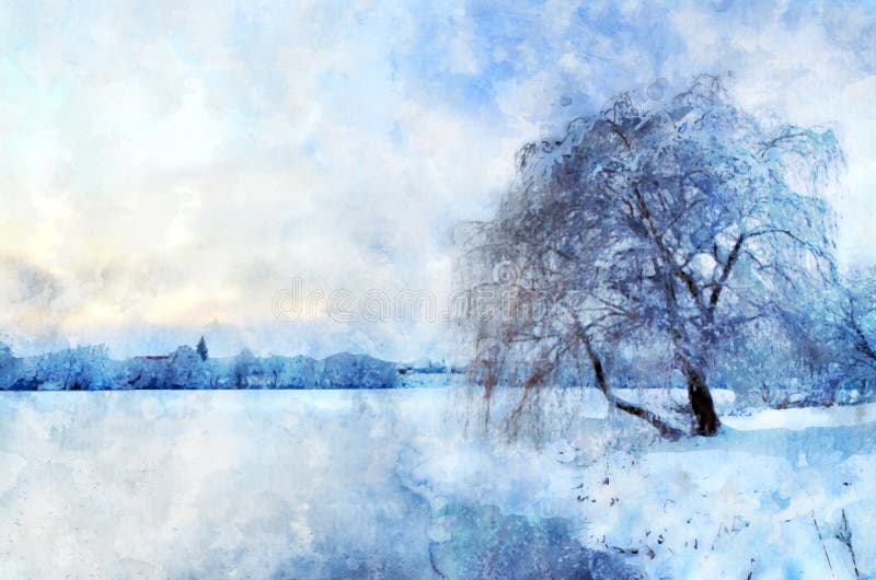 Winter landscape with a lake and a tree in frost. Stylization in watercolor drawing.  stock images