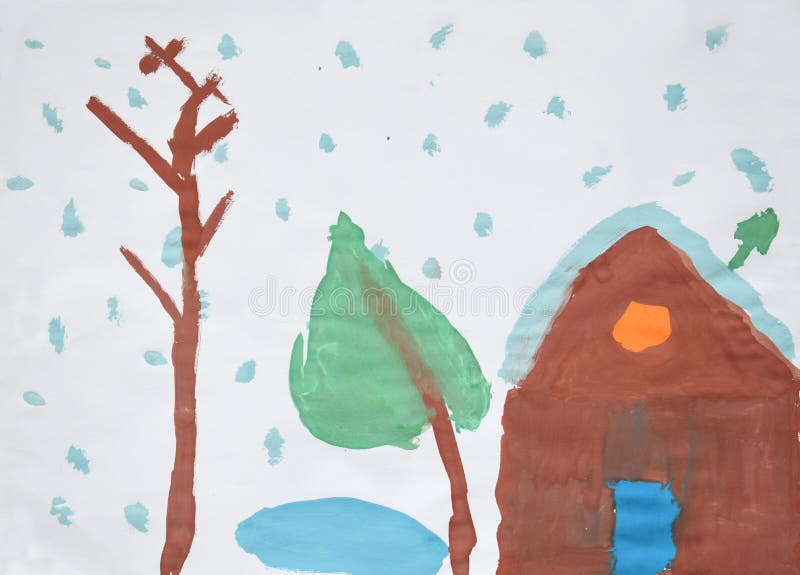 Winter landscape - snow covered house, trees, snowflakes. Children`s watercolor drawing vector illustration Winter landscape - snow covered house, trees, snowflakes. Children`s watercolor drawing vector illustration