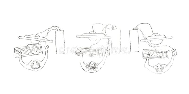 Working on computer in office pencil drawing on paper. Programmer working on computer in office pencil drawing on paper royalty free illustration Working on computer in office pencil drawing on paper. Programmer working on computer in office pencil drawing on paper royalty free illustration