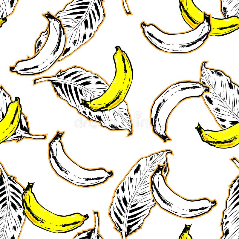 Yellow Banana and leaves Tropical plants. Set of vector illustrations Hand drawing for design and surface design, packaging and w. Rapping paper, wallpaper vector illustration