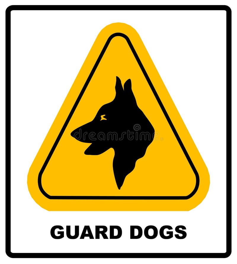 Yellow black triangle Warning Guard Dogs On Duty Text Sign,. Yellow black triangle Warning Guard Dogs On Duty Text Sign. Security dog in yellow triangle on white vector illustration Yellow black triangle Warning Guard Dogs On Duty Text Sign,. Yellow black triangle Warning Guard Dogs On Duty Text Sign. Security dog in yellow triangle on white vector illustration