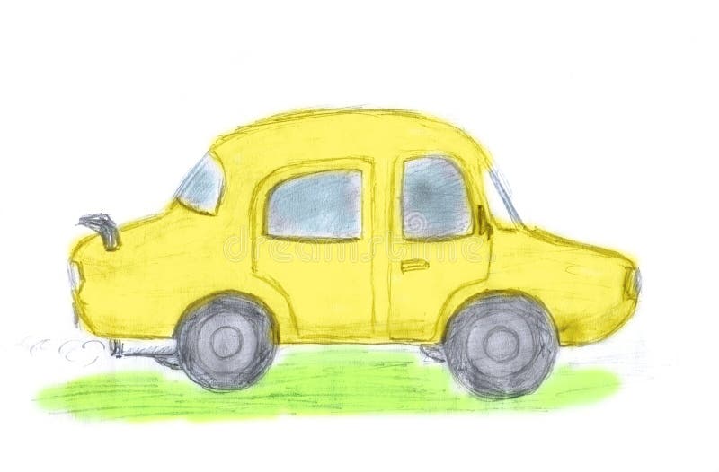 Yellow car, kid`s drawing by pencil. Sketch stock illustration