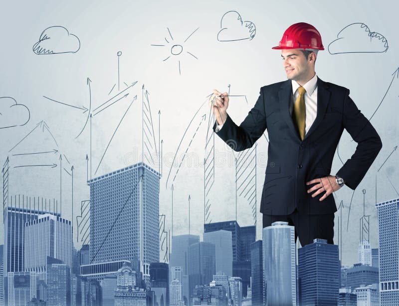 Young worker drawing a city sight. A young architect planning and drawing a happy city sight with blue skyscrapers, sun, clouds royalty free stock photography Young worker drawing a city sight. A young architect planning and drawing a happy city sight with blue skyscrapers, sun, clouds royalty free stock photography