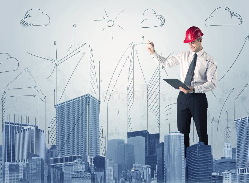 Young worker drawing a city sight. A young architect planning and drawing a happy city sight with blue skyscrapers, sun, clouds stock image Young worker drawing a city sight. A young architect planning and drawing a happy city sight with blue skyscrapers, sun, clouds stock image