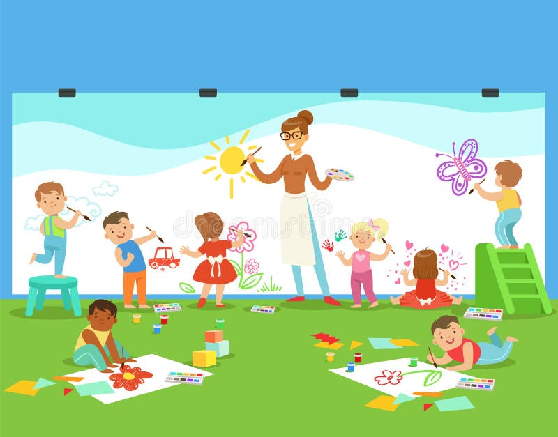 Young Children In Art Class Drawing And Painting With Teacher In A Nursery School stock illustration Young Children In Art Class Drawing And Painting With Teacher In A Nursery School stock illustration