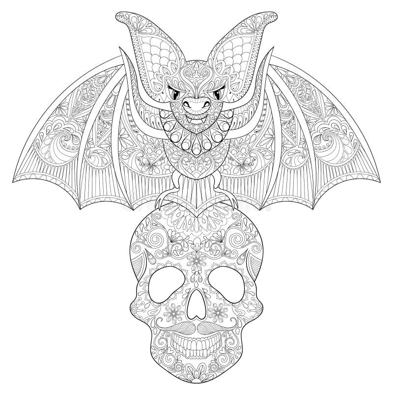 Zentangle stylized Bat seating on sugar Skull for Halloween. Freehand sketch for adult anti stress coloring page with doodle elem. Ents. Artistic ethnic black stock illustration