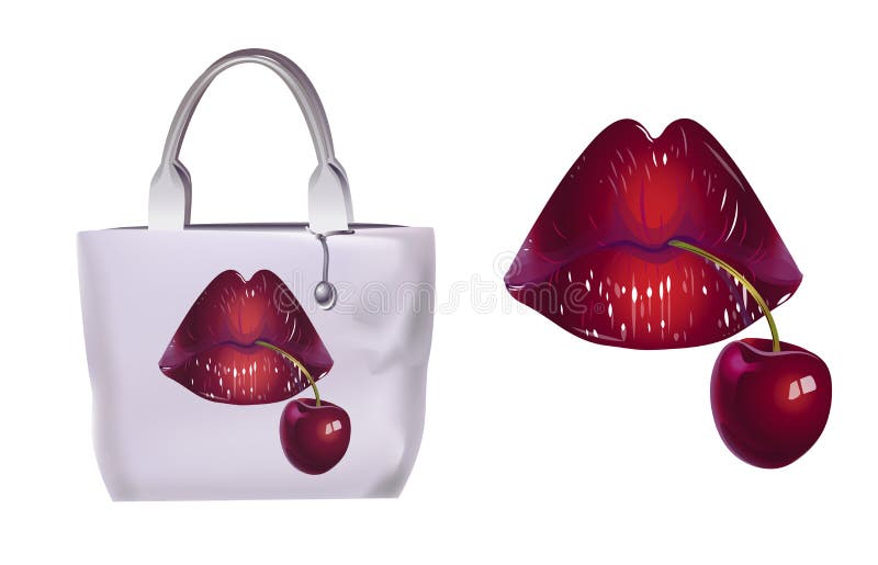 Drawing female lips and cherries on the bag. Vector illustration of fashionable women`s handbag. Drawing female lips and cherries on the bag. Reusable bag royalty free illustration