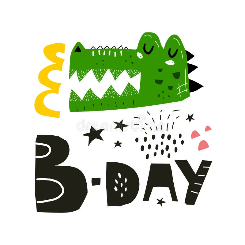 Funny crocodile, hand drawing lettering, decoration elements. Birthday colorful vector flat style illustration for kids. Baby design for greetings cards royalty free illustration
