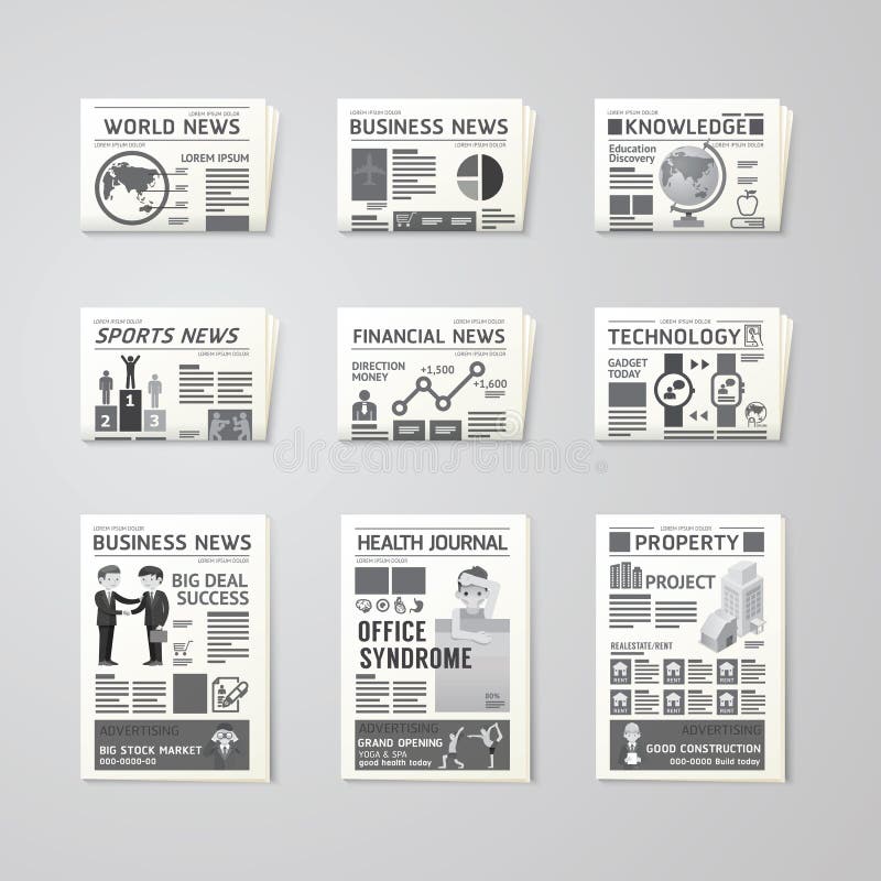  Шаблон установленного дизайна вектора газеты ежедневный плоский дело, здоровье, бесплатная иллюстрация