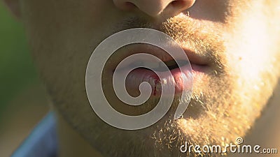 Close-up aggressive male face with blood on lips, man after fight, bullying. Stock footage stock footage