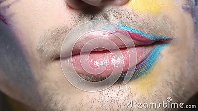 Male mouth smiling. Lips of man artistic makeup stock footage