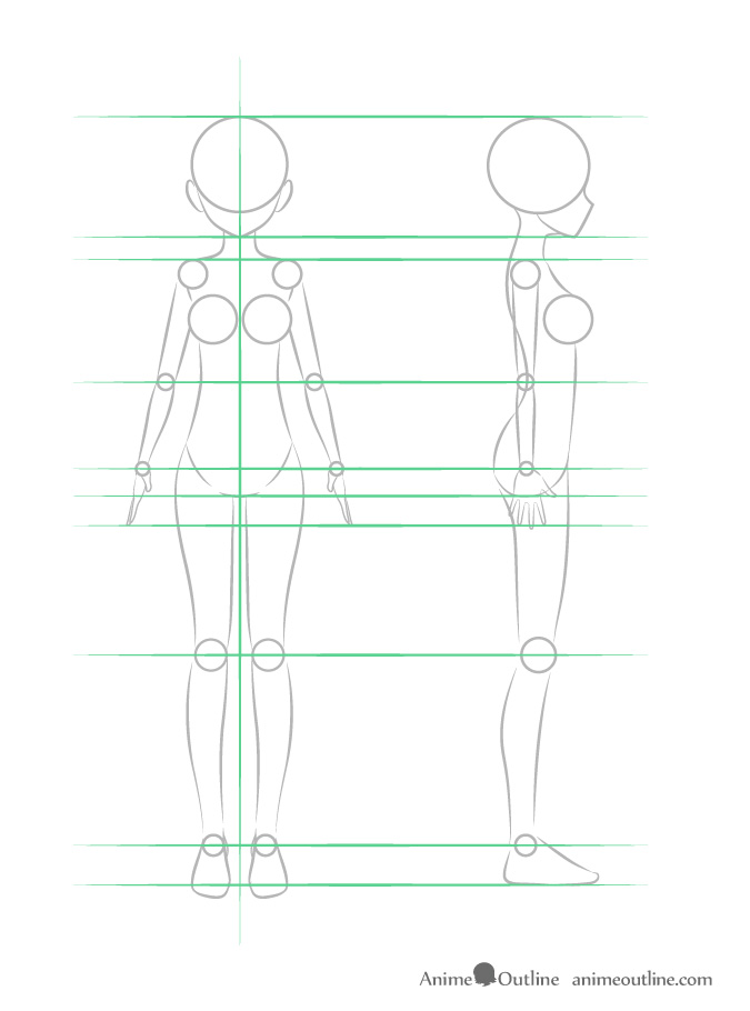 Anime girl entire body structure front and side view