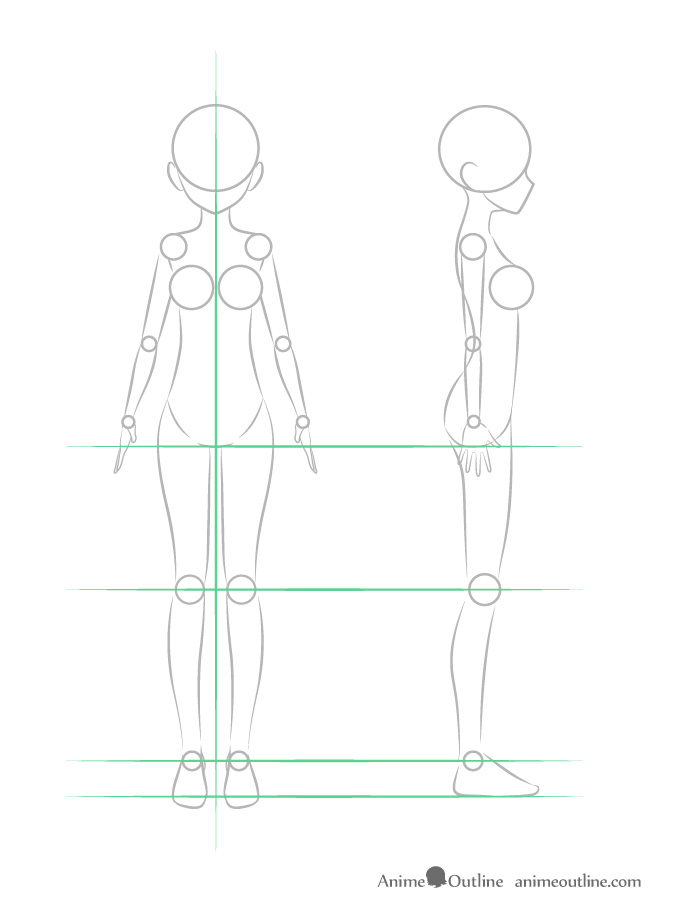 Anime girl leg structure front and side view