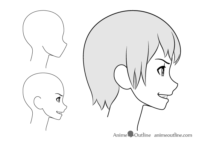 Anime girl grinning side view drawing