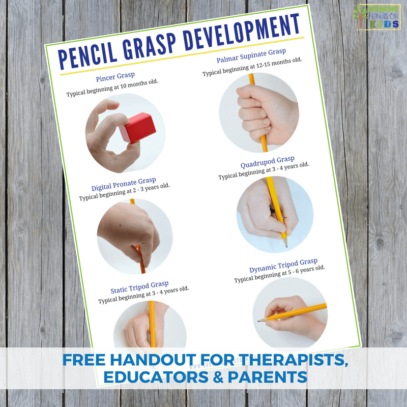 Pencil grasp development handout. A free printable for therapists, educators, and parents.