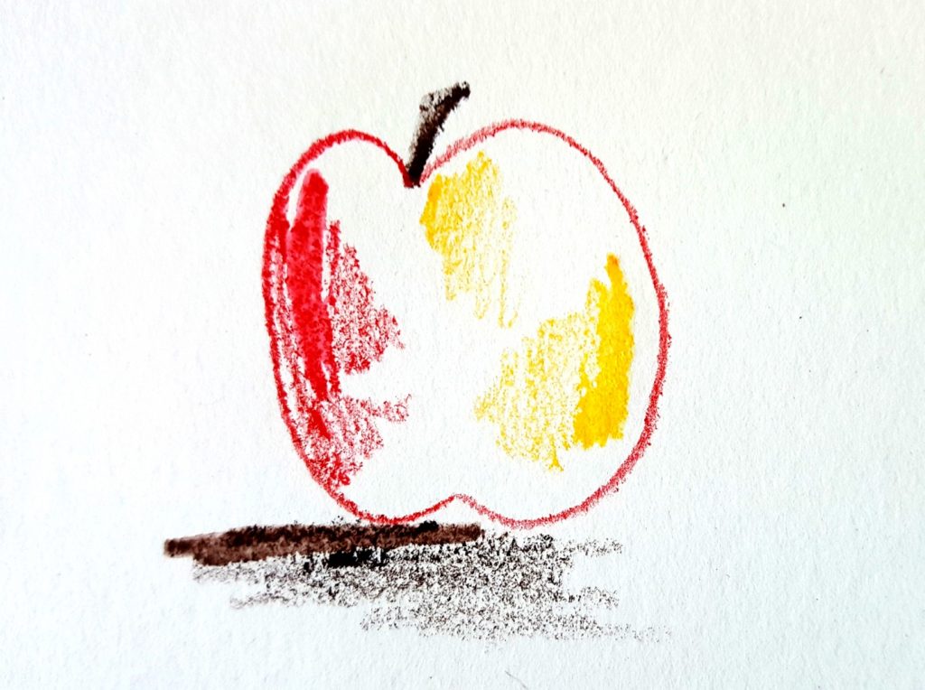 apple drawing with wet watercolor pencils