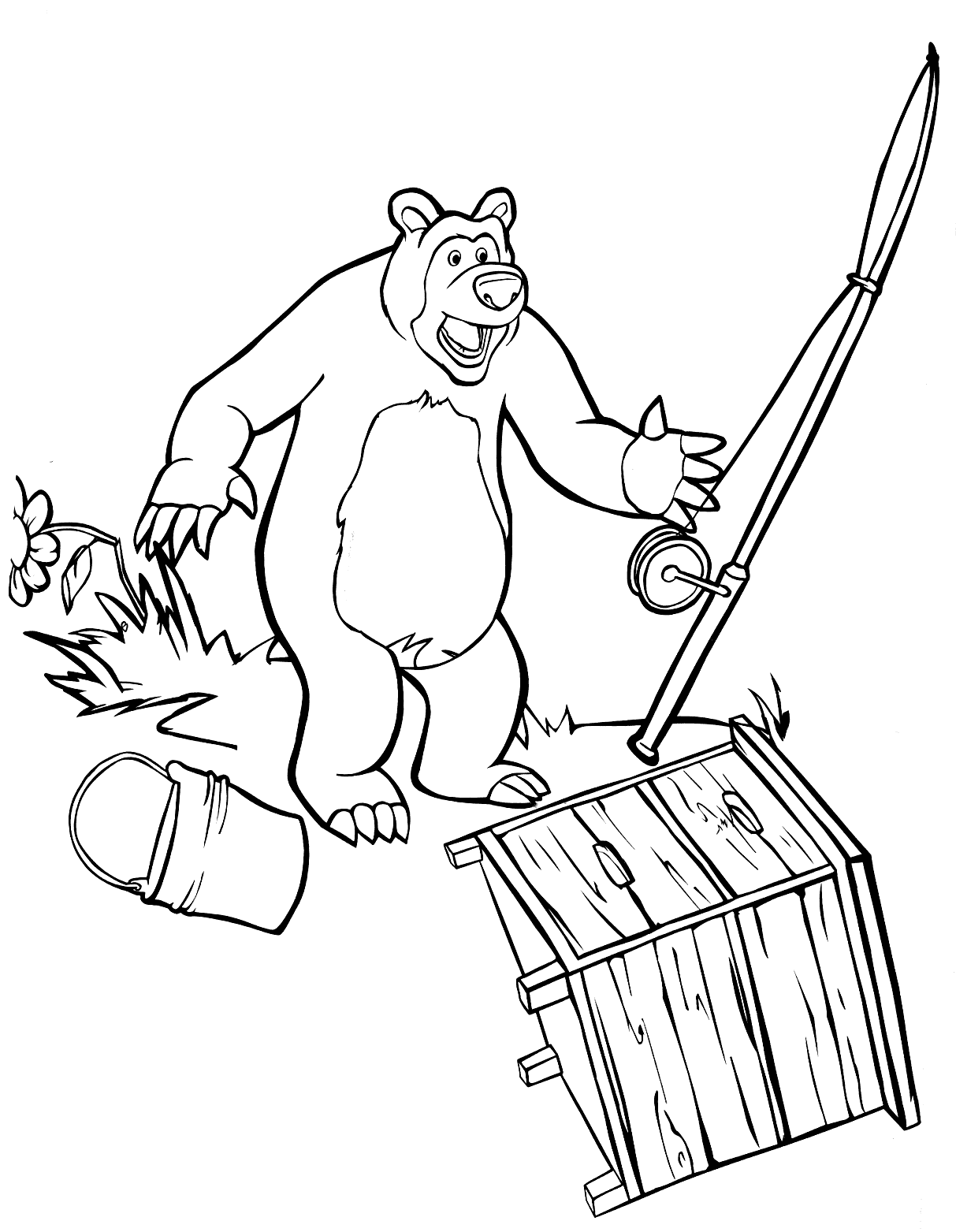 bear alarmed launches the fishing rod and the fish bucket